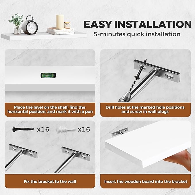 Floating Wall Shelves 4-Pack - Rustic White 16-inch Wooden Wall Shelves for Storage and Décor, Multi-Functional and Easy to Install for Living Room, Bedroom, and Kitchen-Ruum Studio Home