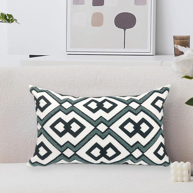 Alysheer Embroidered Lumbar Decorative Throw Pillow Cover 12"x 20", Classic Boho Geometric Embroidery Pattern Cotton Rectangular Cushion Case for Sofa Couch Living Room Bedroom (Navy Aqua)-Ruum Studio Home