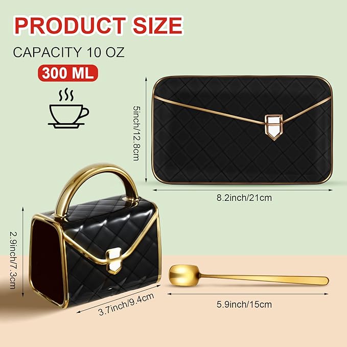 Zubebe 1 Set Coffee Mug Elegant Handbag Shaped Cup Modern Ceramic Purse Mug with Spoon and Saucer, 10oz Cute Creative Tea Cup for Office Home Woman Girls Gift (Black)-Ruum Studio Home