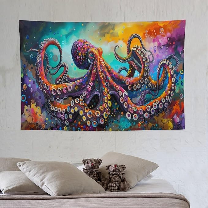Octopus Tapestry Octopus Tapestries Ocean Navy Coastal Fabric Wall Hanging Aesthetic Space Indoor Outdoor Wall Art Tablecloth Bedspread for Bedroom Dormitory Living Room Home Decor 40"x60"-Ruum Studio Home
