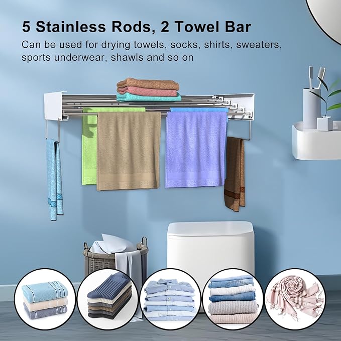 Wall Mounted Drying Rack, Foldable Laundry Rack, Collapsible Drying Rack, 5 Stainless Rods, Wall Mounted Clothing Rod with 2 Towel Bar, 90 lb Capacity, 31.5" White-Ruum Studio Home