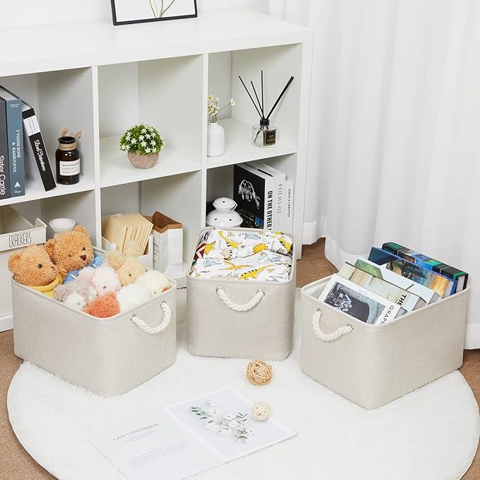 Bidtakay Baskets Collapsible Large Toy Storage Baskets for Organizing Set of 3 Closet Organizer Linen Cream Storage Bins 15 X 11 X 9.5 Inch Shelf Organizer Bins for Nursery Storage (Light Beige)-Ruum Studio Home
