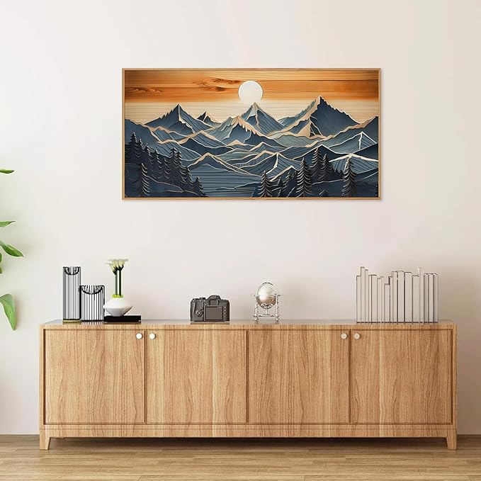 Tinonedraw Metal Mountain Framed Canvas Wall Art, Boho Mountains Forest Artworks, Mid Century Modern Blue Ridge Wall Decor, Vintage Nature Sunset Art Print for Living Room Bedroom Office 20"x40"-Ruum Studio Home