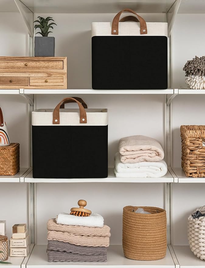 StorageWorks Storage Bins, Fabric Storage Bins for Shelves, Large Storage Baskets with Metal Frame, Closet Baskets and Bins with Handles, Black and White, 2-Pack-Ruum Studio Home