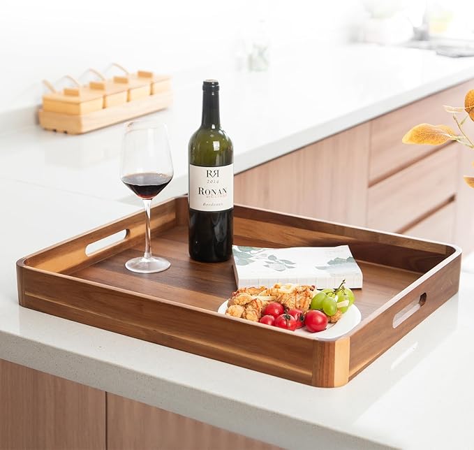 Wooden Serving Tray with Handles,Rustic Ottoman Tray for Kitchen Counter/Coffee Table/Living Room Decor,Versatile Tray for Party Picnic Barbecue-Ruum Studio Home