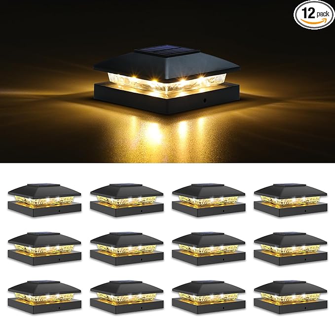 VOLISUN 4x4 Solar Post Cap Light 12pack,Solar Fence - Cap Lights Outdoor Waterproof for Wooden/Vinyl Post,Black Deck Post Cap Light Solar Powered with Warm White for Garden/Patio/Porch-Ruum Studio Home