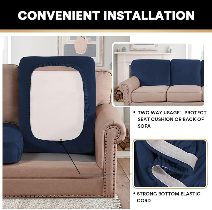 PrinceDeco Velvet Couch Cushion Covers 3 Pieces Velvet Separate Couch Cover Stretch Sofa Slipcover Washable Furniture Protector for Sectional Sofa(Each Width Up to 40", Navy)-Ruum Studio Home