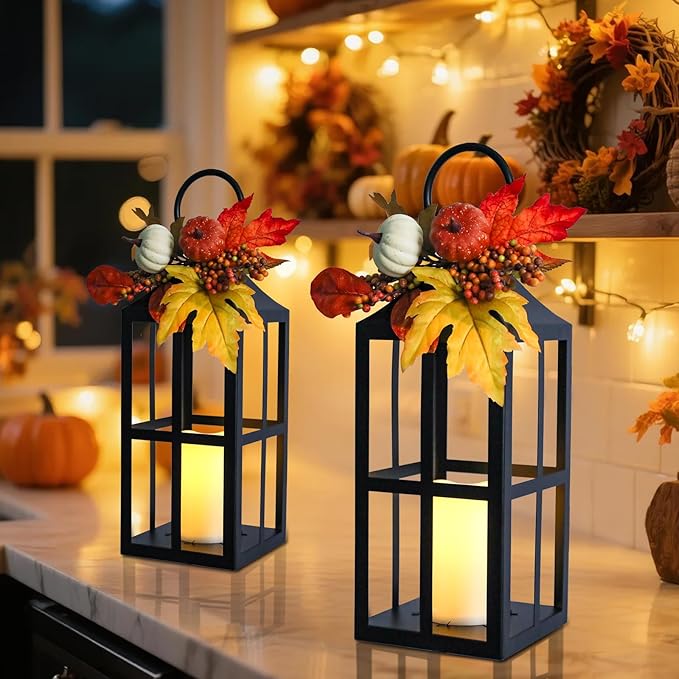 Fall Decorative Lanterns Outdoor, Waterproof 17.7" Decorative Lantern Indoor Decor Metal Hanging Candle Holder LED Flameless Candle Lantern for Patio, Porch, 2 Packs-Ruum Studio Home