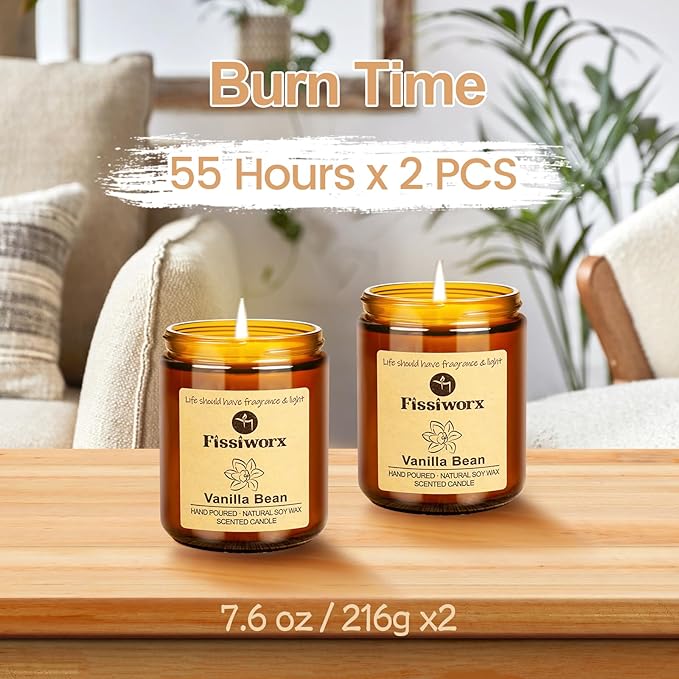 Vanilla Scented Candle Set 2 Pack, Candle for Home Scented, Odor Eliminating, Stress Relief, total15oz, 110 Hours Long Lasting Candles, Soy Candle Gift Set for Women-Ruum Studio Home