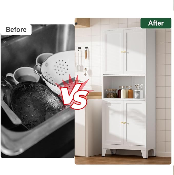 69" Tall Kitchen Pantry Cabinet, Metal Storage Cabinet with 4 Doors and Adjustbale Shelves, Freestanding Cupboards for Dining Room, Living Room, Bathroom-Ruum Studio Home