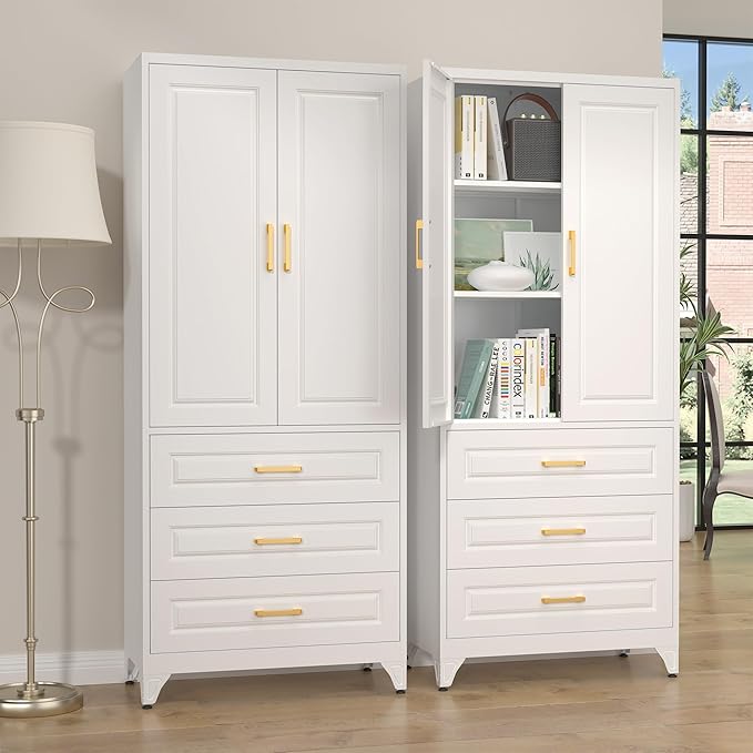 75" Kitchen Pantry Cabinet with 3 Drawer,Metal Storage Cabinets with Doors and 4 Adjustable Shelves,White Kitchen Cabinet with 2 Gold Handles,Food Cupboard for Livingroom,Pantry, Bathroom-Ruum Studio Home