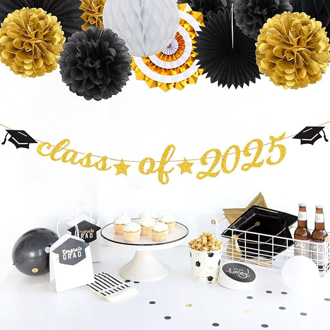 Black Gold Party-Decoration Graduation Banner - 14pcs Kits Cap Garland Streamers, Paper Tissue Pom Poms Flowers Fans Honeycomb,Class Of 2025 College High School Grad Decor Hugfond-Ruum Studio Home