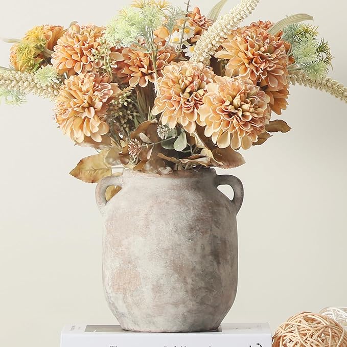 Ceramic Flower Vase Home Decor - 7.6 Inch Farmhouse Rustic Table Vases with Handle Living Room Decoration Decorative Vintage Pottery for Kitchen Shelf Coffee Dining Bookshelf Fireplace Centerpiece-Ruum Studio Home