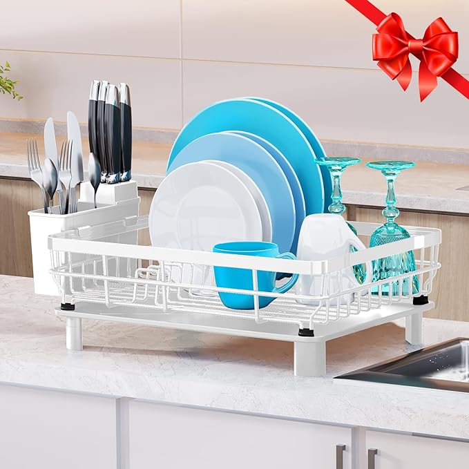 MOUKABAL Dish Drying Rack, Dish Rack, Large Dish Racks for Kitchen Counter, Drying Rack Kitchen with Removable Utensil Holder, Drainboard 16.9" x 12.9" x 5.9"(White)-Ruum Studio Home