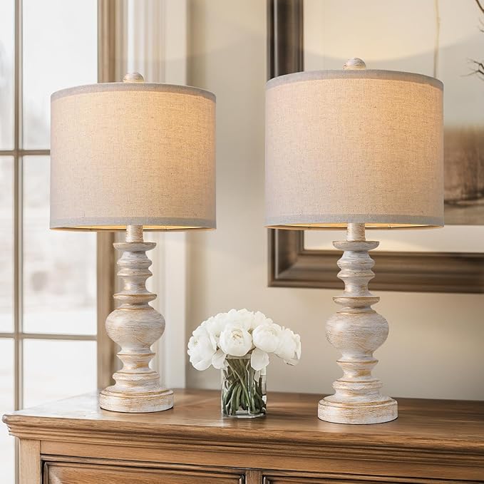 BOBOMOMO 20" Retro Table Lamps Set of 2 - Farmhouse Lamp for Living Room with Linen Shades, Rustic Bedside Nightstand Lamps, Resin Lamps for Bedroom Nursery Room Hallway - Ideal for Compact Spaces-Ruum Studio Home