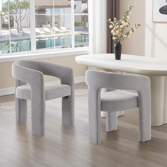 Grey Chenille Dining Chairs Set of 2, Modern Barrel Dining Room Chairs Upholstered Faux Fur Accent Chair with Arms and Round Back for Living Room Kitchen Armchair No Assembly Needed-Ruum Studio Home