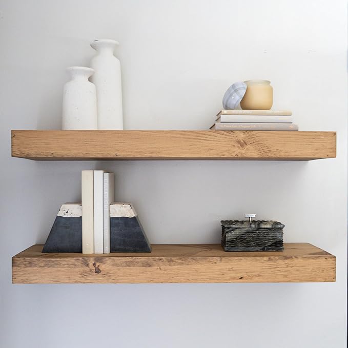 Modern Floating Shelves 3 Inches Thick for Wall, Wide Shelves for Kitchen, Living Room, Bedroom, and Bathroom, Natural Pine Wood, Rustic Wooden Shelf, (Set of 2) (Aged Oak, 24Lx3Hx6D)-Ruum Studio Home
