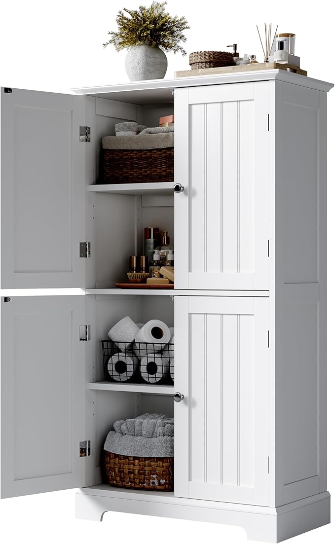 ChooChoo Bathroom Floor Cabinet, Modern Bathroom Storage Cabinet with 4 Doors and Adjustable Shelves, Freestanding Cupboard for Living Room, White-Ruum Studio Home