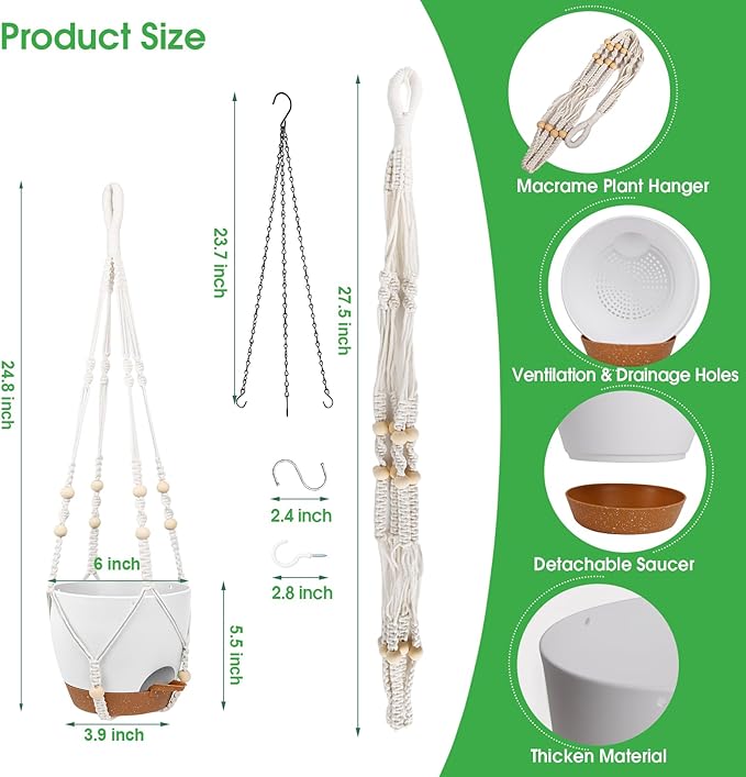 Hanging Planters for Indoor Outdoor Plants, 2 Pack Self Watering Hanging Pots, Hanging Plant Baskets with Drainage Holes & 2 Types of Plant Hangers (White, 6'')-Ruum Studio Home