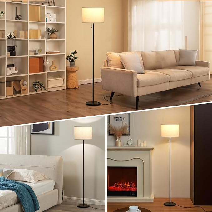 Ambimall Modern Standing Floor Lamp for Living Room & Bedroom with 3 Color Temperatures Bulb & Pull Chain Switch, 60" Tall with Beige Shade & Black Pole-Ruum Studio Home