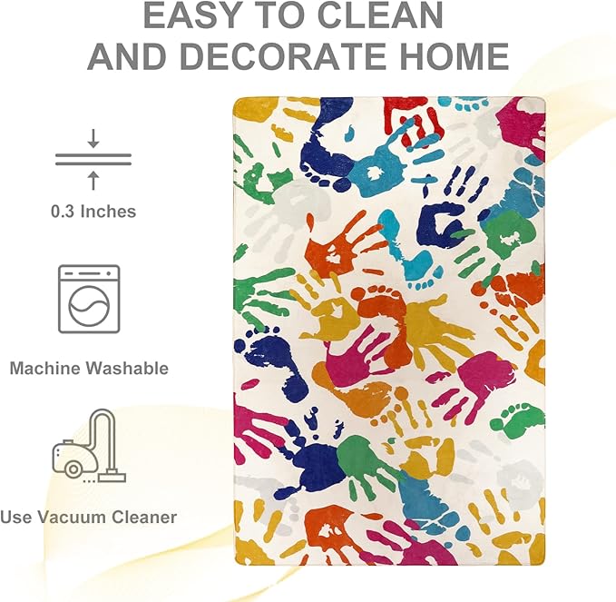 STARUIA Handprints and Footprints Large Kids Rug 5'x7', Washable Colorful Area Rug for Nursery Room, Non-Slip Play Mat Ultra Soft Indoor Carpet for Bedroom Playroom Classroom-Ruum Studio Home