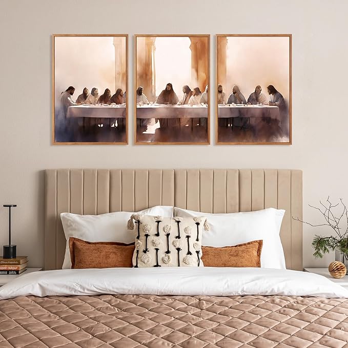 Aurlan Jesus Last Supper Bible Story Wall Art(16"x24"), 3PCS Boho Christ Christian Easter Gifts Canvas Artwork, Neutral Spiritual Religious Faith Decor Prints for Office Home-Ruum Studio Home