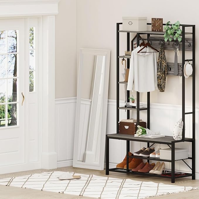 BON AUGURE Hall Tree with Bench and Shoe Storage, Entryway Bench with Coat Rack, Wooden Metal Coat Tree with Hooks, 5 in 1 Multifunctional Shoe Benches and Wall Rack (Dark Gray Oak)-Ruum Studio Home