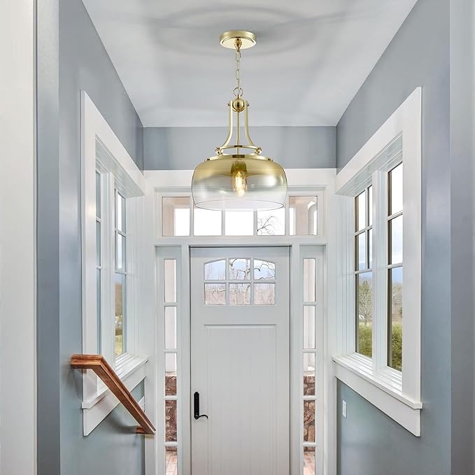 WUZUPS Gold Chandelier Rustic Farmhouse Industrial Round Ceiling Pendant LED Light Fixture with Gradient Glass Shade for Dining Room Kitchen Island Foyer Entryway, H 17" W 13.4", E26 Base-Ruum Studio Home