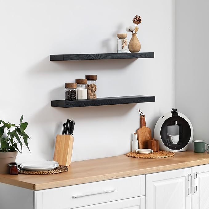 Fun Memories Handcrafted European Pine Floating Shelves - Natural Rustic Wooden Wall Shelf Set of 2-24 Inch Storage Shelf Display Shelf for Kitchen Bathroom Living Room Bedroom Farmhouse - Black-Ruum Studio Home