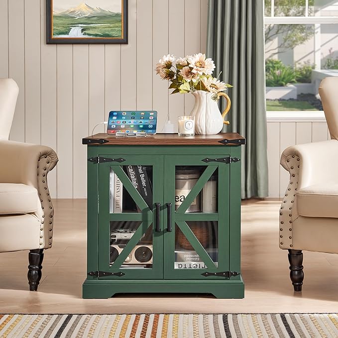 24" End Table with Charging Station, Farmhouse Night Stand with Glass Barn Door, Green Nightstands with Adjustable Storage Shelf, Large Wood Square Bed Side Table for Living Room, Bedroom-Ruum Studio Home