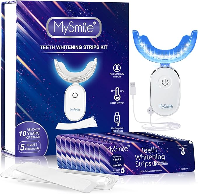 MySmile Non-Sensitive 10Pcs Teeth Whitening Strips Kit with Waterproof 28X LED Light 10-Min Fast Remove Coffee Wine Tobacco 20 Years of Stains Whitening Tooth Care Oral Safe for Enamel-Ruum Studio Home