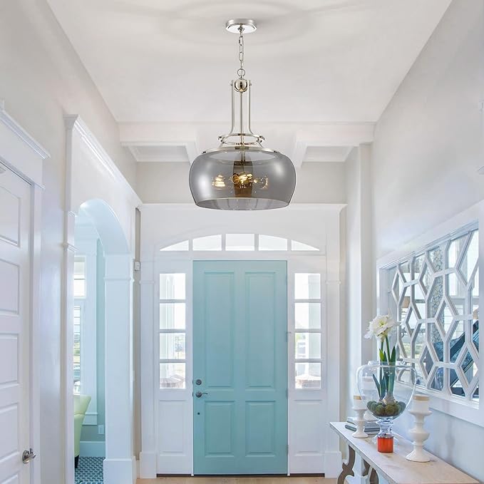 WUZUPS Nickel Chandelier Rustic Farmhouse Industrial Round Ceiling Pendant LED Light Fixture Electroplated Gray Glass Shade for Dining Room Kitchen Island Foyer Entryway, H 20.9" W 15.9", E26 Base-Ruum Studio Home