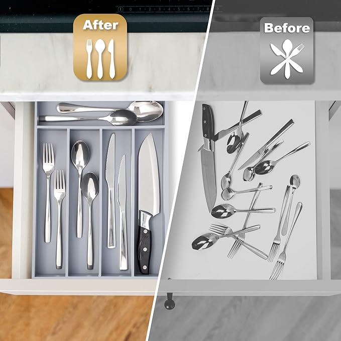 Bamboo Silverware Holder - Drawer Organizer with 5 Slots (Gray)-Ruum Studio Home