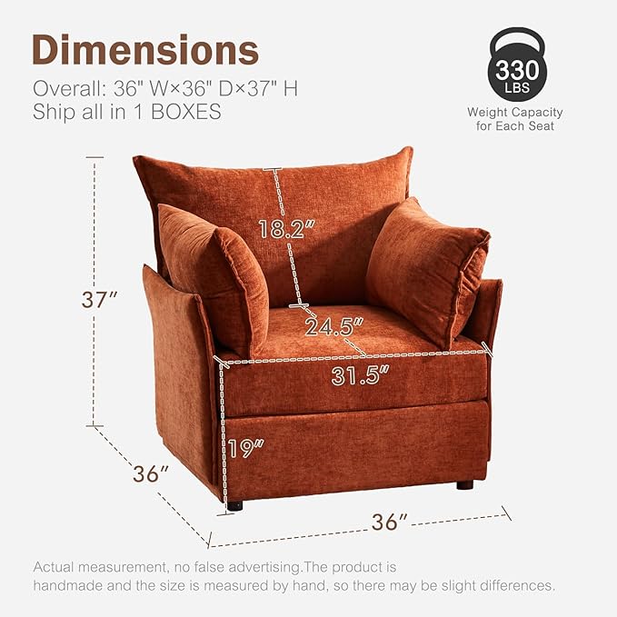 Terracotta Oversized Accent Chair, Upholstered Modern Sofa Chair with Removable Backrest & Detachable Cover, 24.5" Deep Seat Large Reading Armchair-Ruum Studio Home
