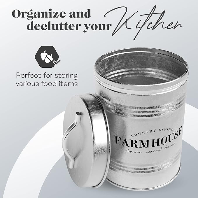 Amici Home Farmhouse Galvanized Canister | Dry Food Storage Container | Airtight Lid | 76 Oz Capacity | Farmhouse Décor | Rustic Metal Canister for Kitchen Countertop-Ruum Studio Home
