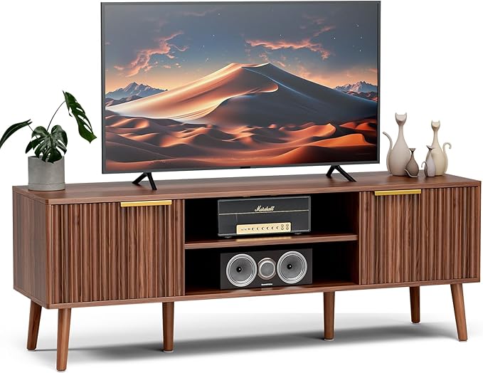 TV Stand for Living Room, Mid Century Modern Entertainment Center for 55/60/65 inch TVs, TV Console with Fluted Door Cabinets and Open Shelves, for Bedroom, Walnut-Ruum Studio Home