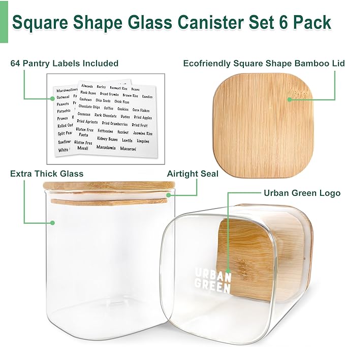 Urban Green Glass Jars with Airtight Lids, Airtight Glass Canisters with Locking Lids, (Bamboo-6P-24oz)-Ruum Studio Home