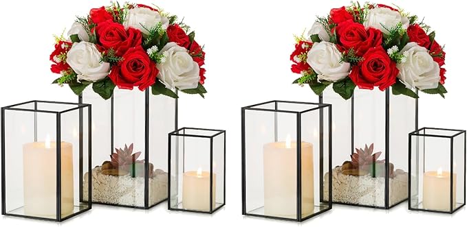 Glass Hurricane Candle Holder Large - Hewory 6pcs Black Rectangle Flower Holders Centerpiece for Table, Tall Floor Square Pillar Candle Lantern for Wedding, Anniversary, Party, Fireplace, Dining Room-Ruum Studio Home