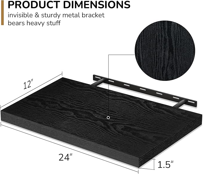 Fun Memories Floating Shelves - 2 Pack 12 Inch Rustic Wooden Wall Shelves - Extra Deeper & Thicker Wall Mounted Storage Shelf for Living Room, Kitchen, Farmhouse - 24" W x 12" D x 1.5"H - Rustic Black-Ruum Studio Home
