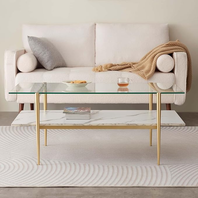 Rectangle Coffee Table for Living Room, Mid-Century Modern Design, L41 x W21 x H17, 2-Tier Structure, Clear Glass Top and White Marble Finish Wood Shelf, Conical Legs with Gold Finish-Ruum Studio Home
