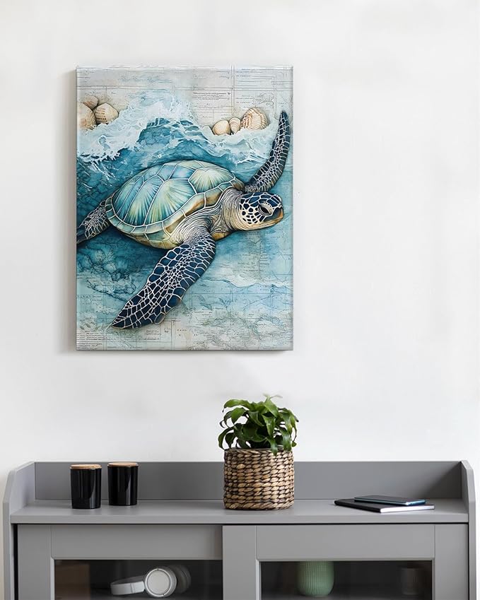 Coastal Sea Turtle Canvas Wall Art Turtle Nautical Ocean Theme Print Poster Framed Picture Painting for Home Beach House Bedroom Wall Decor 11x15 Inch-Ruum Studio Home