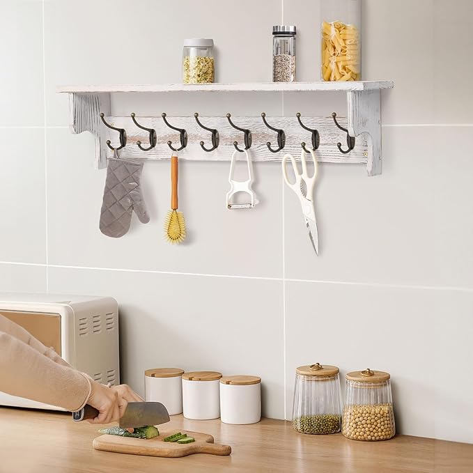 BECHAEO 35.8'' Wood Coat Rack Wall Mount with Shelf, White Wall Coat Rack with Hooks, Farmhouse Rustic Coat Hooks for Entryway Bathroom Hallway Kitchen Bedroom-Ruum Studio Home