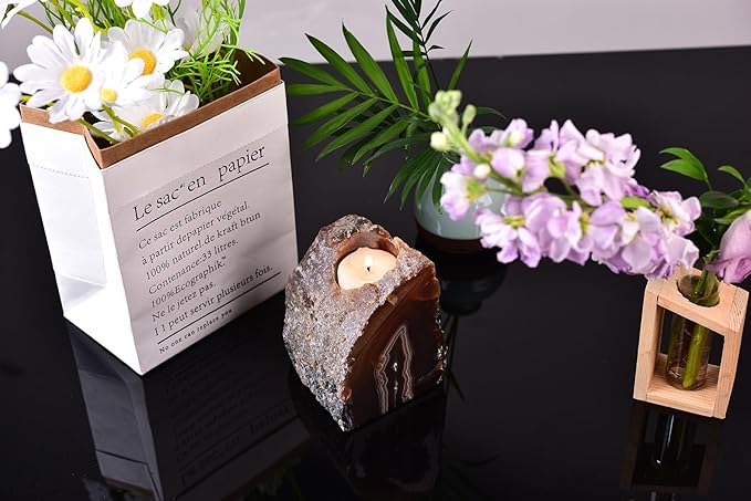 AMOYSTONE Agate Candle Holder Multi-Functional Décor 1-1.5lb Pillar Candles & Makeup Brush Storage | Irregular Half-Cut Design | Meditation Desk Accent | Spiritual Starter Gift-Ruum Studio Home