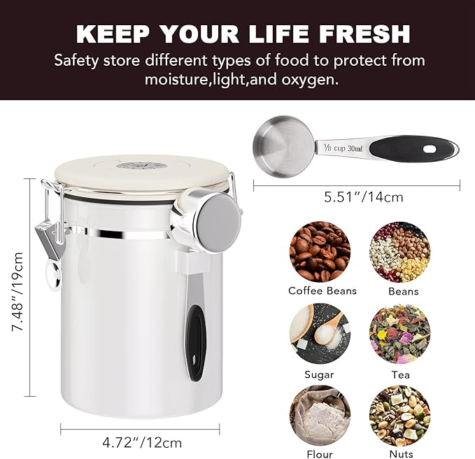ShanSon Coffee Canister Airtight Coffee Container Stainless Steel Coffee Bean Storage Container with CO2 Release Valve and Scoop Coffee Canister for Beans,Grounds,Sugar,Flour,Tea,Cereal,22OZ,Off-White-Ruum Studio Home