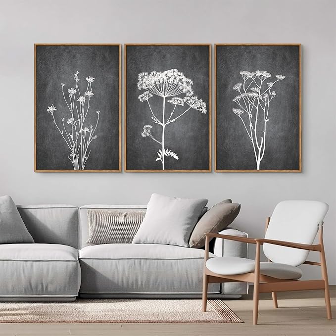 Tinonedraw Black and White Botanical Framed Canvas Wall Art Set, Vintage Floral Wall Decor, Dark Academia Minimalist Plant Art Paintings, Abstract Wildflower Art Print for Living Room Bedroom 16"x24"x3-Ruum Studio Home