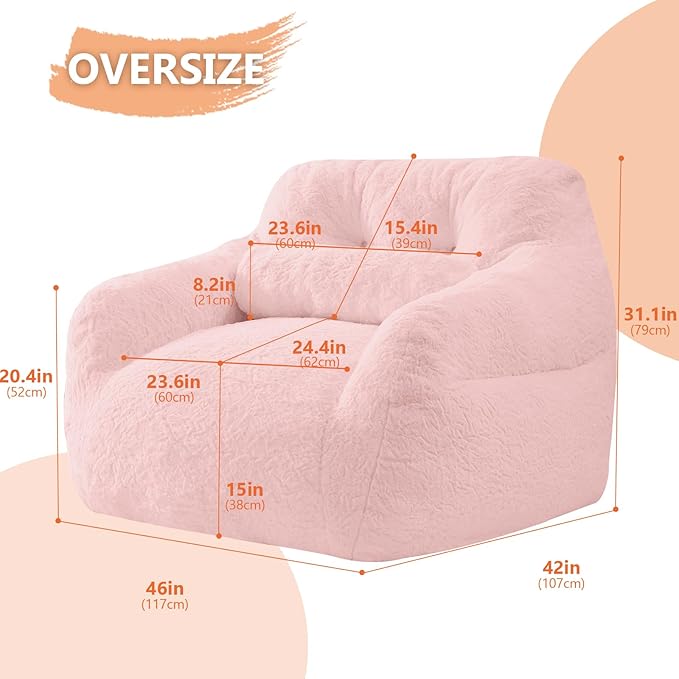 Bean Bag Chair for Adults with Pillow,Oversized Bean Bag Couch Chairs for Adults,Giant Lazy Couch Sofa Chairs with Filler,Large Reading Chair for Living Room Bedroom,Pink-Ruum Studio Home
