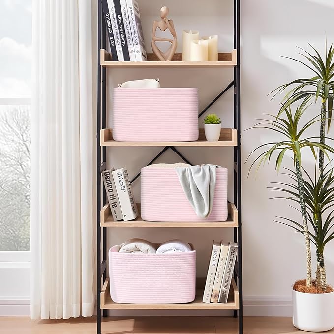 3-Pack Shelf Baskets for Organizing, Woven Storage Basket for Shelves, Cotton Rope Storage Bins for Toys Books, Nursery Towel Baskets for Classroom, 14.96"X9.8"X8.85", Pink-Ruum Studio Home