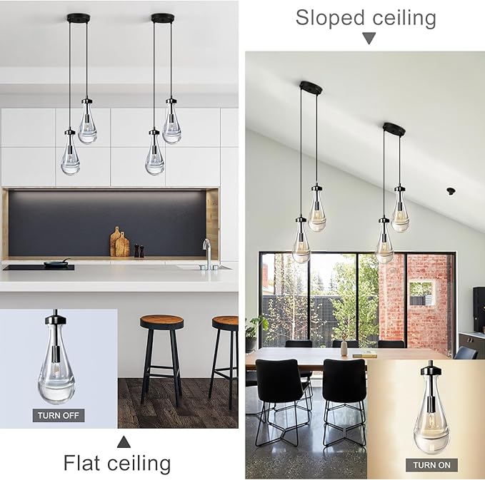 Black Raindrop Pendant Lights Kitchen Island, Bronze 2-Light Cluster Pendant Light for Dining Room, Dimmable Hanging Pendant Lighting Bedroom Light Fixture Ceiling Chandelier for Foyer-Ruum Studio Home