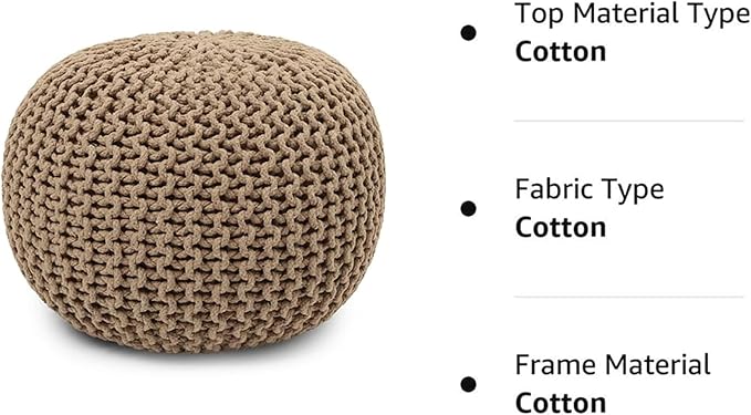 REDEARTH Round Pouf Ottoman - Hand Knitted Cable Boho Poof Home Décor Pouffe Circular Footrest for Living Room - Bedroom - Lounge - 100% Cotton (19.5"x19.5"x14") - Beige-Ruum Studio Home
