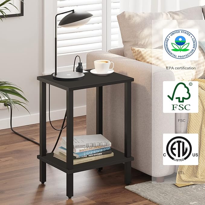 TUTOTAK End Table with Charging Station, Side Table with USB Ports and Outlets, Nightstand, 2-Tier Storage Shelf, Sofa Table for Small Space TB01BK040-Ruum Studio Home